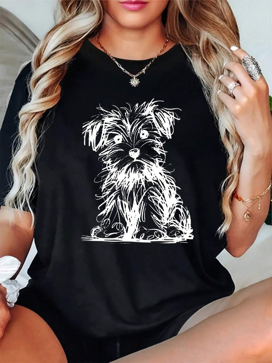 Camiseta Casual de Verano para Mujer con Diseño Artístico de Líneas y Lindo Patrón de Cachorro, Top Casual de Manga Corta para Mujer | Cómodo y elegante, suave y transpirable, tejido duradero, adecuado para todas las estaciones, perfecto para vacaciones y fiestas, atuendo para celebraciones estacionales, estampados estacionales divertidos. - Negro - Ver 1