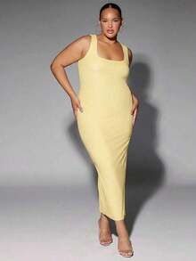 Vestido de tirantes de cuello redondo liso - Amarillo claro - Ver 6