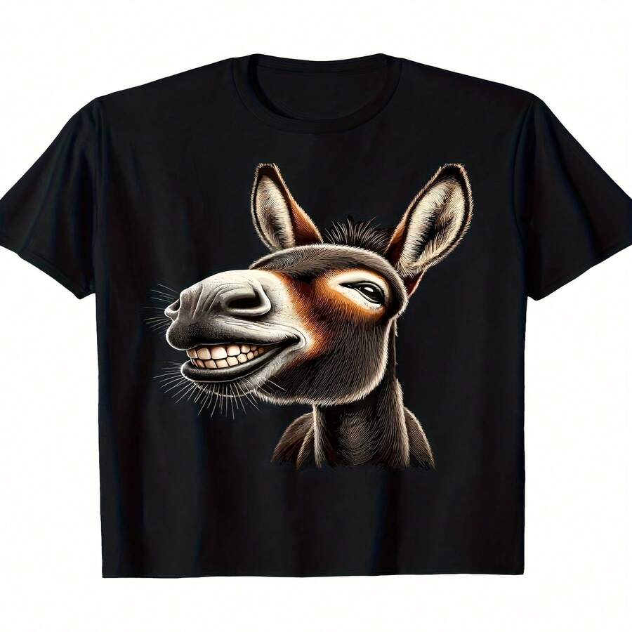 Camiseta unisex de algodón 100% con estampado de burro, 220 g, ideal para el Día de la Independencia o el Día del Padre. Dise?o retro divertido de burro, manga corta, cuello redondo, estilo casual. Lavable a máquina, apta para todas las estaciones. - Negro - Ver 1