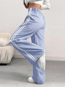 Pantalones informales de mujer con pierna suelta y efecto de contraste de color, para primavera/verano - Celeste - Ver 7