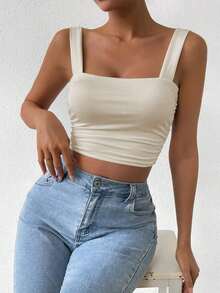 Top Cami Ajustado de Pliegues unicolor y Corto para el Verano - Beis - Ver 4