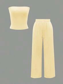 Conjunto de 2 piezas de ropa de otoño Vaiaye: Top corto ajustado y sexy sin tirantes, camiseta básica de unicolor elástica y ajustada, top tipo bandeau para yoga; Conjunto de pantalones para primavera/verano - Amarillo - Ver 3
