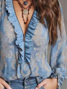 Blusa de gasa con cremallera, estampado de paisley barroco elegante y estilo vacacional, con volantes. Blusa de gasa transparente con estampado floral todo sobre todo para uso diario y vacaciones, primavera/verano - Azul cielo - Ver 3
