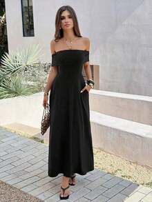 Vestido de mujer de unicolor con hombros descubiertos, nuevo vestido largo elegante y ajustado sin espalda para fiestas, uso diario y citas - Negro - Ver 10