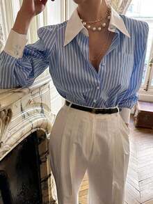 de manga larga con botones y rayas casuales para uso diario, camisa de mujer para otoño - Azul - Ver 4