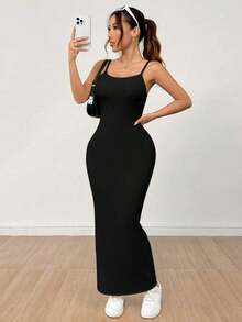 Vestido básico de tirantes finos blanco para mujer - Negro - Ver 6