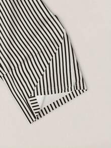 Conjunto de camiseta de manga corta con cuello redondo y estampado de oso de dibujos animados, y pantalones a rayas con cordón en la cintura para mujer - Negro - Ver 7