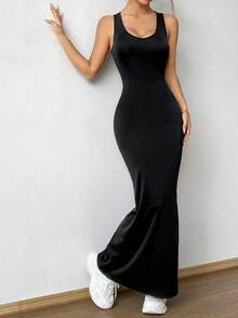 Vestido de verano de unicolor para mujer con espalda cruzada y abertura, vestido largo tipo ajustado Maxi para mujeres - Negro - Ver 6