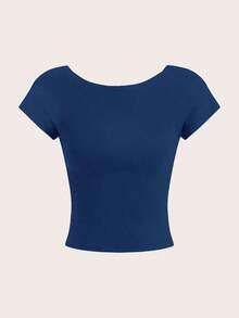 4 piezas de camisetas de mujer de cuello redondo, ajustadas, con espalda calada, de estilo casual y liso, versátiles para el verano - Multicolor 2 - Ver 6