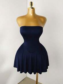 Vestido mini sin tirantes con dobladillo de volantes para mujer - Azul marino - Ver 7