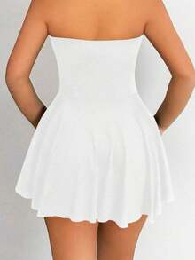 Vestido corto sin mangas de unicolor para mujer, atuendo casual y de uso diario en color borgoña - Blanco - Ver 2