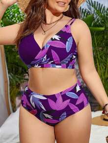 Conjunto de bikini con estampado tropical para la playa de verano en tallas grandes - Morado - Ver 3