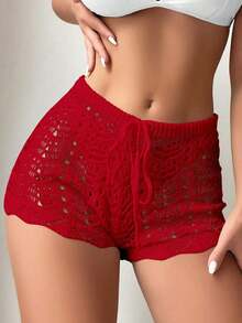 Shorts de cobertura con cintura con cordón y diseño hueco para mujer, ideales para vacaciones - Rojo - Ver 6