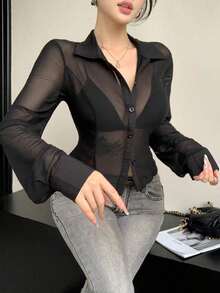 Camisa elegante de manga larga para mujer con pespunte de espina de pescado, empalme con adorno de encaje, ajuste ceñido, adecuada para uso en la oficina, primavera/verano - Negro 2 - Ver 6