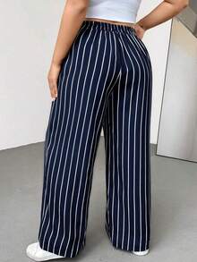 Pantalones anchos de pierna ancha a rayas blancas y negras con cintura elástica, cómodos y sueltos, de estilo básico diario, para mujeres de talla grande, estilo "Old Money", para mujeres, para la oficina, pantalones holgados, para el verano, - Azul marino - Ver 3
