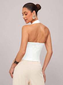 1 Top corto de unicolor con volantes para mujer, camiseta sin mangas ajustada de cuello halter de moda para oficina y transporte, color amarillo mantequilla - Blanco - Ver 2