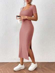 Frenchy Vestido elegante de unicolor de manga corta con abertura simple para mujeres - Marrón - Ver 1