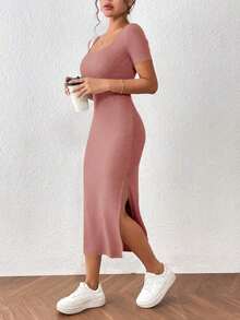 Frenchy Vestido elegante de unicolor de manga corta con abertura simple para mujeres - Marrón - Ver 5