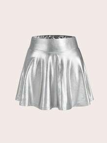 Falda de mujer casual de cintura alta de material de punto y PU - Plateado - Ver 1