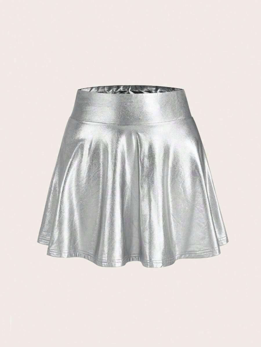 Falda de mujer casual de cintura alta de material de punto y PU - Plateado - Ver 1
