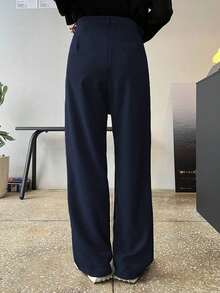 Pantalones de pierna ancha con detalle de plisado de cintura alta, pantalones de vestir para mujer, ropa de vuelta al colegio para otoño - Azul marino - Ver 2