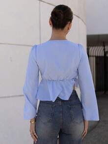 Camisa de manga larga con nudo delantero, estilo casual de vacaciones, adecuada para todas las ocasiones, apropiada para el verano.Tops de color azul bebé, tops de color azul claro, blusas con lazo delantero a rayas, blusas de verano para mu - Multicolor - Ver 2