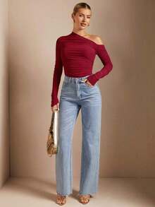 Camiseta de manga larga con cuello asimétrico plisado, ajustada, en color liso, para mujer, para primavera/otoño - Burdeos - Ver 3