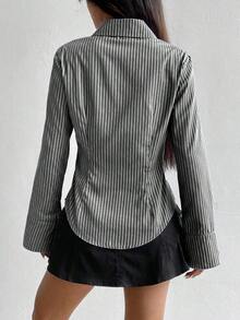 Camisa de manga larga casual a rayas que ciñe la cintura, apta para primavera/verano/otoño, tops de manga larga - Multicolor 2 - Ver 2
