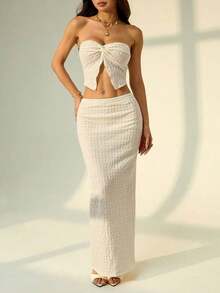 Set de top tubo texturizado de punto beige y shorts para mujer, conjunto de primavera, atuendos para rave y festivales, ropa occidental para mujer, atuendos de playa para mujeres - Albaricoque - Ver 1