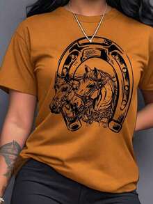 Camiseta de mujer con estampado de caballo de dibujos animados y cuello redondo, camisetas gráficas de mujer - Camel - Ver 1