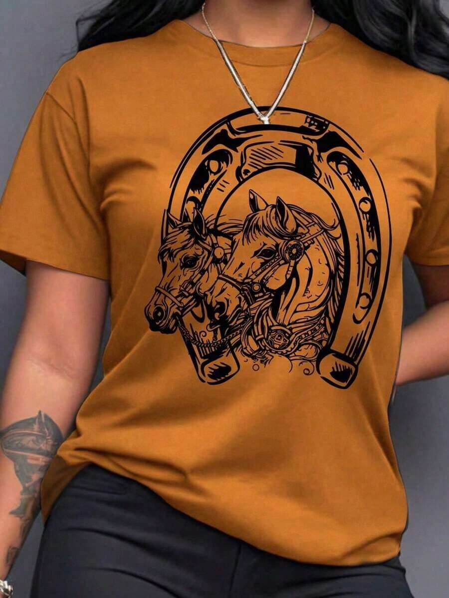 Camiseta de mujer con estampado de caballo de dibujos animados y cuello redondo, camisetas gráficas de mujer - Camel - Ver 1