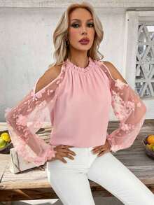 Blusa casual de verano para mujer con mangas de linterna, hombros descubiertos y cuello en unicolor - Rosa - Ver 5