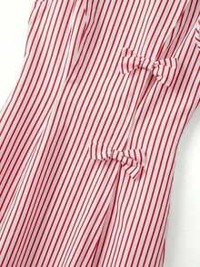 Vestido de línea A con cintura ceñida, decorado con lazo, a rayas azul y blanco, adecuado para la escuela, picnic de fin de semana, salida casual con amigos, de estilo fresco y dulce - Rojo y blanco - Ver 5
