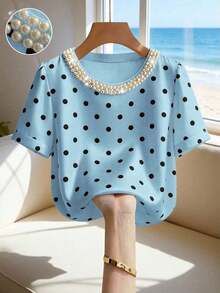 Blusa suelta de manga corta con cuello redondo, decoración de cadena de perlas y lunares en color albaricoque - Azul - Ver 1