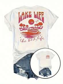 T-Shirt Da Donna 100% Puro Double-Face 2026 – Morbida, Traspirante, Ad Asciugatura Rapida, A Maniche Corte, Vestibilità Ampia, Con Stampa Grafica "Vacanze In Famiglia Al Lago", G - 後退 - 查看 6