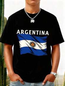 Black T-Shirt With Argentine Flag Print And "Argentina" Text For Men. Ideal For Sporting Events And National Holidays. Great Gift Idea. Women's T-Shirt. Elegant. Bohemian Style. Soft, Breathable, And Comfortable Garment, Perfect For Spring, Summer, And Fall; Ideal For Vacations, Travel, And Everyday Wear. Perfect For Watching A Game. - 黑色 - 查看 7