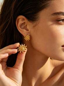 1 Pair Fashion Sun Earrings For Women Gold Color Stainless Steel Earrings Summer Travel Party Jewelry Gifts - Gold 2 - View 12