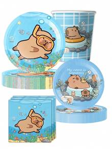 10 piezas Vajilla de fiesta de capibara con animales inflables, platos de papel, vasos, servilletas, decoración de fiesta de cumpleaños de dibujos animados, fiesta de picnic - A - Ver 1