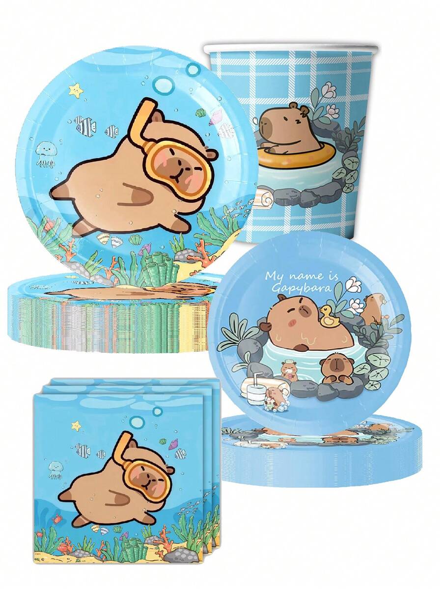 10 piezas Vajilla de fiesta de capibara con animales inflables, platos de papel, vasos, servilletas, decoración de fiesta de cumpleaños de dibujos animados, fiesta de picnic - A - Ver 1