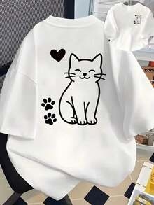 Camiseta Casual, Regalo para el Día de San Valentín, Camiseta Unisex de Talla Grande, Diseño Gráfico de un Lindo Gato Sonriente con Corazón y Huellas de Patas, Diseño de Doble Cara con Estampado Pequeño en el Pecho y Arte Grande en la Espalda, Camiseta Minimalista de Manga Corta Perfecta para Citas Románticas, Amantes de los Gatos o Uso Diario, Un Dulce Regalo para Expresar Afecto, Hecha con Tela Suave y Transpirable para Comodidad Durante Todo el Día, (Artículo Individual, Material: 100% Algodón) 100% Algodón, Duradera - Blanco - Ver 1
