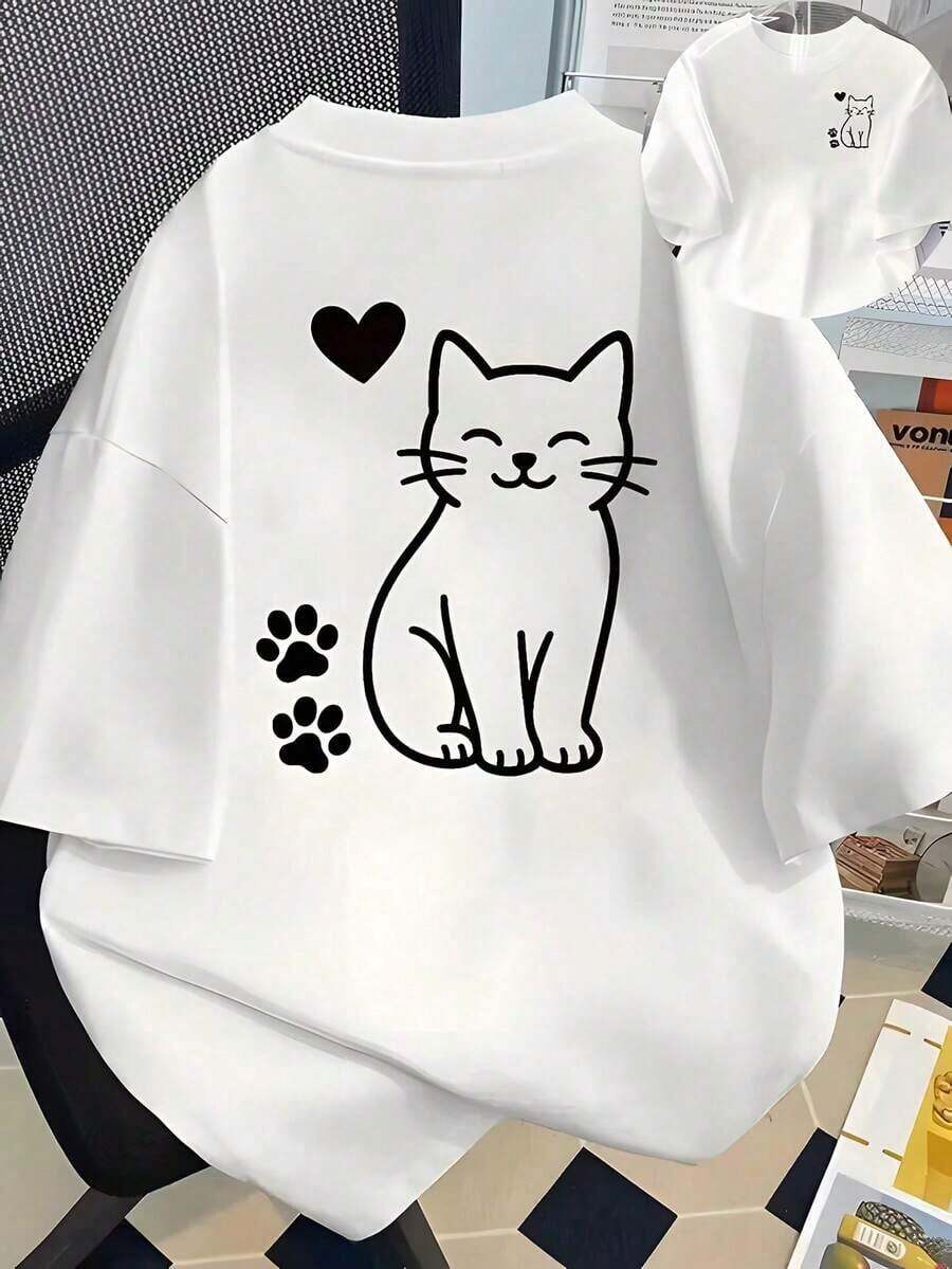 Camiseta Casual, Regalo para el Día de San Valentín, Camiseta Unisex de Talla Grande, Diseño Gráfico de un Lindo Gato Sonriente con Corazón y Huellas de Patas, Diseño de Doble Cara con Estampado Pequeño en el Pecho y Arte Grande en la Espalda, Camiseta Minimalista de Manga Corta Perfecta para Citas Románticas, Amantes de los Gatos o Uso Diario, Un Dulce Regalo para Expresar Afecto, Hecha con Tela Suave y Transpirable para Comodidad Durante Todo el Día, (Artículo Individual, Material: 100% Algodón) 100% Algodón, Duradera - Blanco - Ver 1