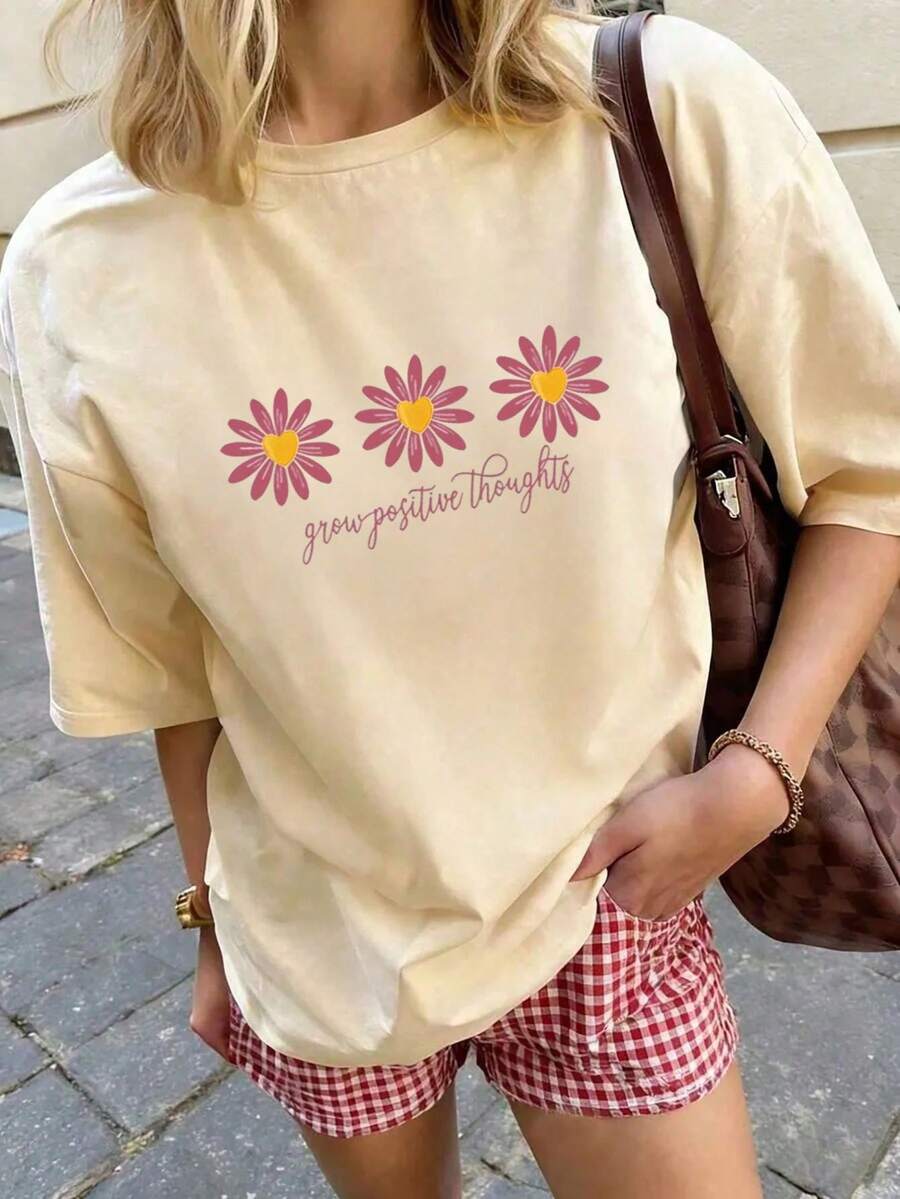 Camiseta de mujer 2026, cuello redondo, manga corta, estampada, corte holgado, estilo deportivo y casual, perfecta para verano, envío nacional. - Albaricoque - Ver 1