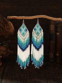 SOUL BEADING Blue & White Gradient Tassel Earrings For Beach Vacation, Photogenic Bohemian Style, Colorful Soul Seed Bead Versatile Design - Cadet Blue - View 3