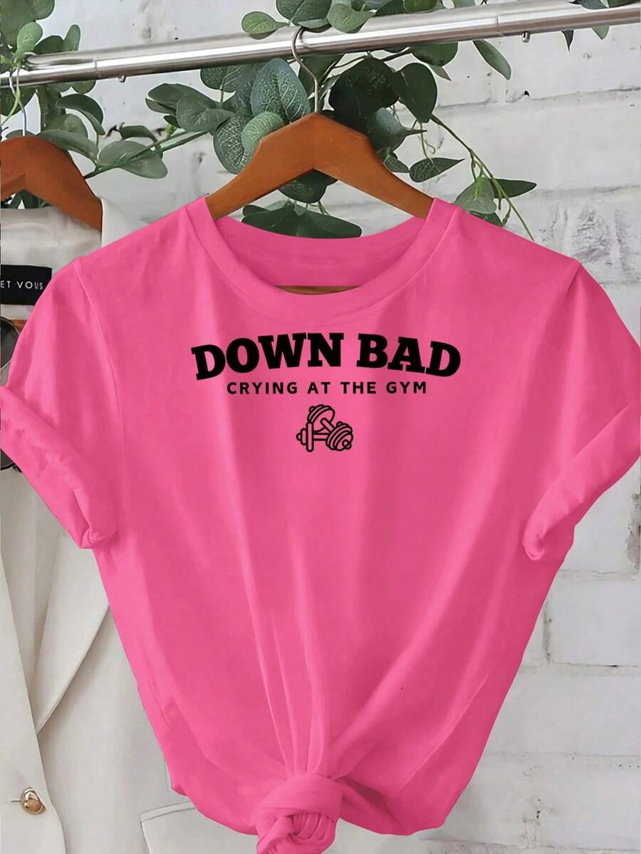 Camiseta de algodón estampada de corte holgado para mujer, cuello redondo, manga corta, casual, para vacaciones, primavera/verano, lavable a máquina. OQD9 - Rosa Fucsia - Ver 1