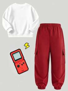 Young Boy Cartoon Print Crew Neck Long Sleeve Top And Cargo Pants Set - White - View 3