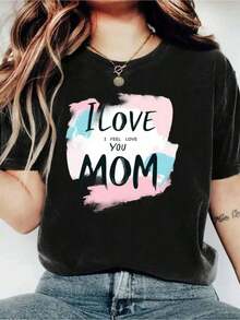 Algodón Camiseta Estampada % Algodón Te Amo Mamá, Manga Corta, Suave, Lavable, Color Negro, Informal, De Verano, Con Letras De Acuarela De Colores, Como Regalo Para Mamá, Informal, Con Estampado Y Textura Suave. blusas para mujer camisa - Negro - Ver 1