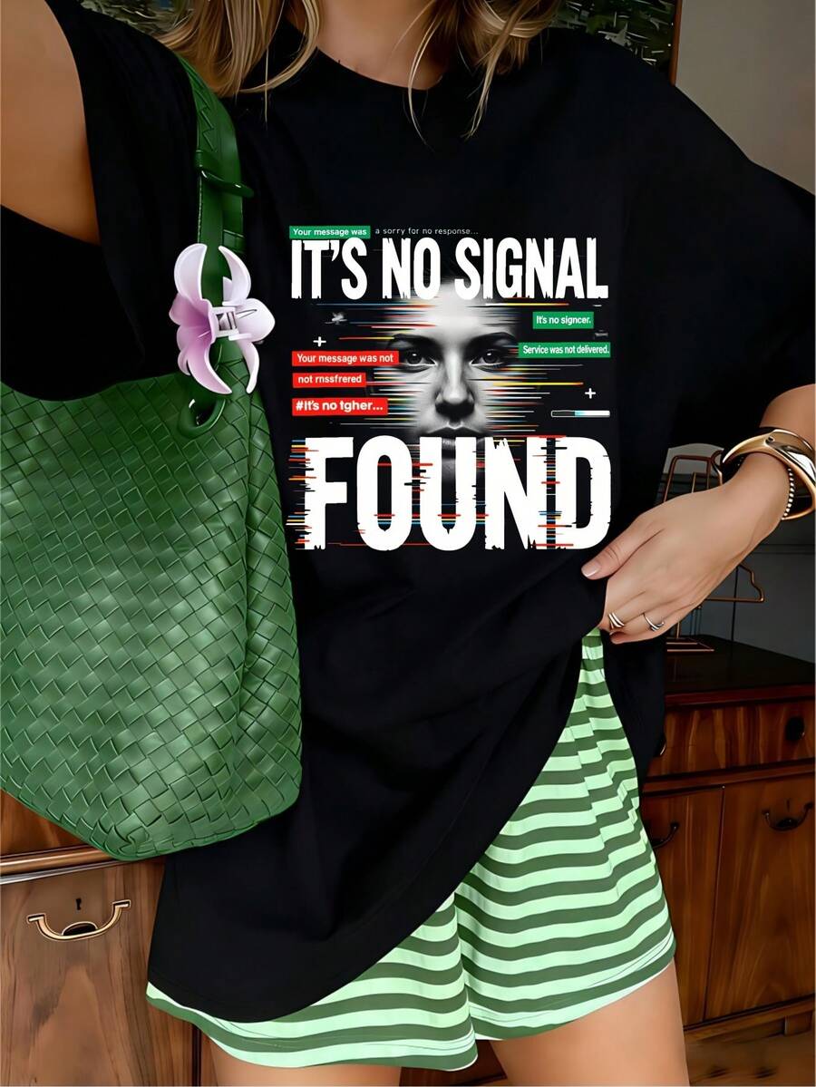 Edgy Glitch Art Graphic T-Shirt, 100% Cotton Oversized Soft Breathable Casual Crewneck Short Sleeve Top, Streetwear Aesthetic Summer Vibes Tee For Women & Tech Lovers - 黑色 - 查看 1