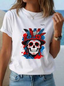 Oferta por tiempo limitado, cantidad limitada disponible,  relámpago, camisas de mujer, camisetas de mujer Playera Blanca de Mujer con Estampado de Calavera Mexicana Folclórica, Camiseta Manga Corta, Moda  Día de Muertos 2026, Ropa Comoda con Diseño Rojo y Azul, Ideal para Fiestas y Uso Diario - Blanco - Ver 2