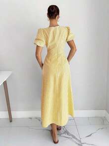 Vestido midi de mujer con mangas de pétalos a rayas - Amarillo - Ver 4