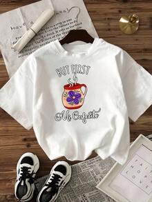 ModaModaCamiseta de Mujer Casual de Corte Holgado Opciones en Blanco y Negro Pero Primero Mi Cafecito Estampado de Taza de Café Camiseta Gráfica Camisetas de Uso Diario Tops de Verano Camisetas Gráficas Conjuntos de Verano Camisetas Cortas de Mujer Tops de Mujer Ropa Vintage de Algodón Linda Ropa de Mujer LindaEstampadaEstampada - Blanco - Ver 3